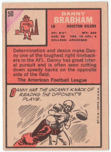 1966 Topps Football #50 Danny Brabham Rookie Card