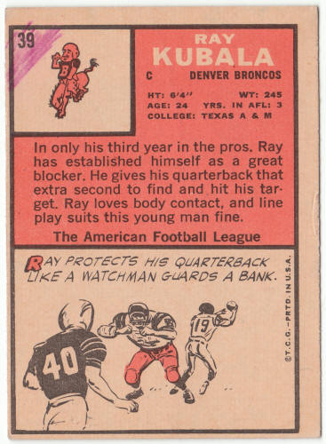 1966 Topps Football #39 Ray Kubala Rookie Card