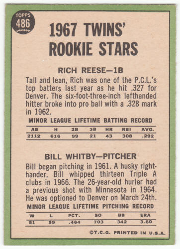 1967 Topps Baseball #486 Twins Rookies Rich Reese Bill Whitby