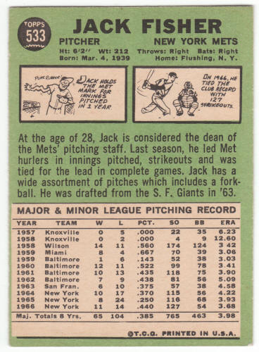 1967 Topps Baseball #533 Jack Fisher