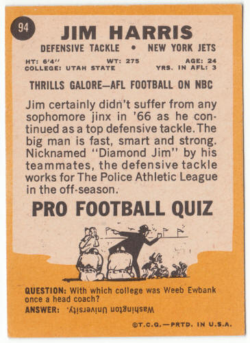 1967 Topps Football #94 Jim Harris Rookie Card