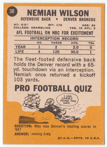 1967 Topps Football #30 Nemiah Wilson Rookie Card