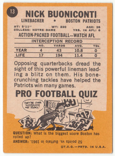 1967 Topps Football #13 Nick Buoniconti