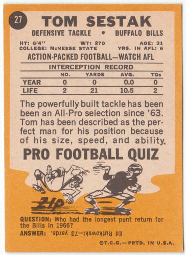 1967 Topps Football #27 Tom Sestak