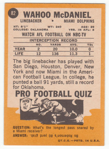 1967 Topps Wahoo McDaniel #82 rookie card back