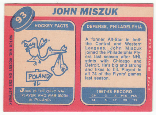 1968-69 Topps #93 John Miszuk Rookie Card back