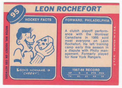 1968-69 Topps Leon Rochefort Rookie Card #95 back