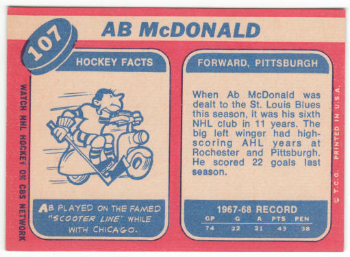 1968-69 Topps Hockey #107 Ab McDonald
