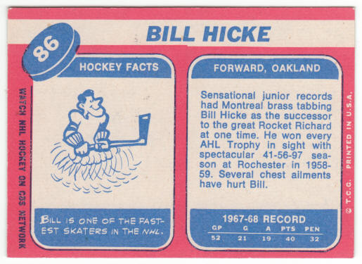 1968-69 Topps Hockey #86 Bill Hicke