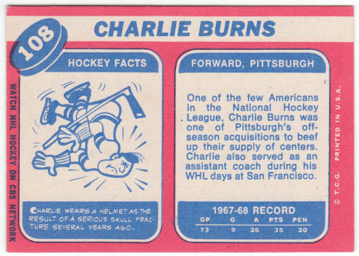 1968-69 Topps Hockey #108 Charlie Burns