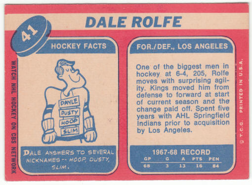 1968-69 Topps Hockey #41 Dale Rolfe Rookie Card