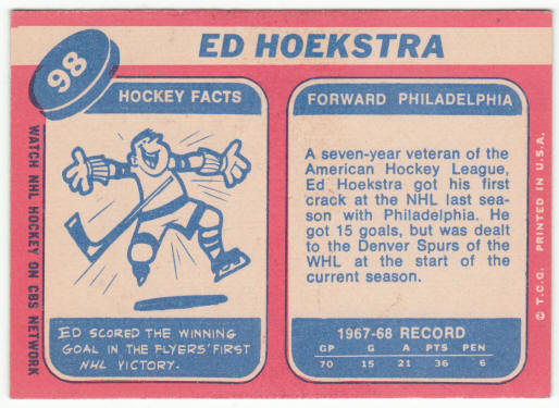 1968-69 Topps Hockey #98 Ed Hoekstra Rookie Card