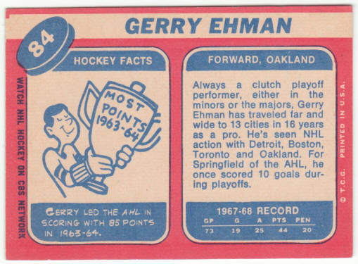 1968-69 Topps Hockey #84 Gerry Ehman