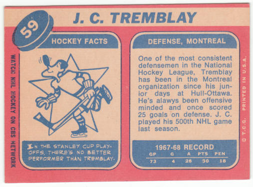 1968-69 Topps Hockey #59 J C Tremblay