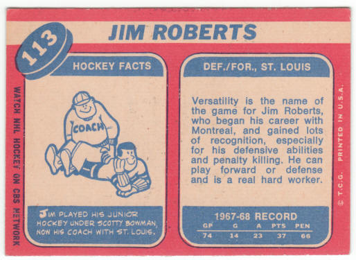1968-69 Topps Hockey #113 Jim Roberts
