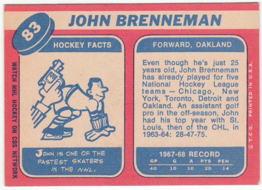 1968-69 Topps Hockey #83 John Brenneman Rookie Card