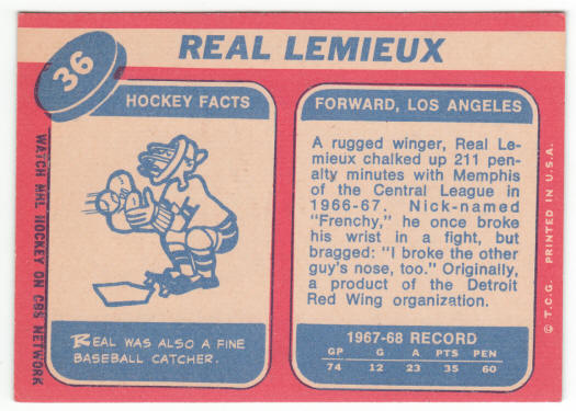 1968-69 Topps Hockey #36 Real Lemieux Rookie Card back