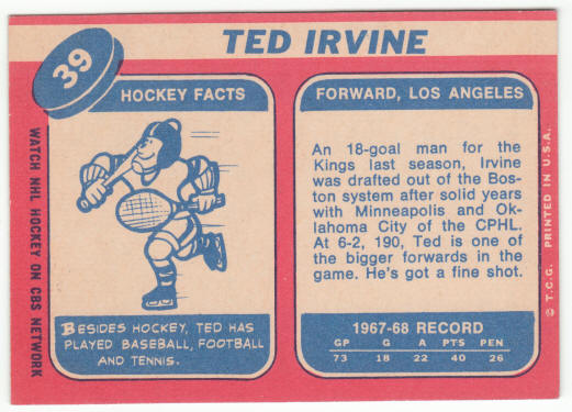 1968-69 Topps Hockey #39 Ted Irvine Rookie Card