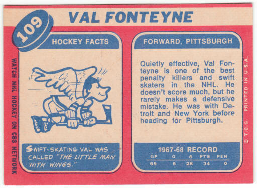 1968-69 Topps Hockey #109 Val Fonteyne