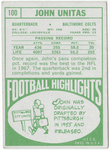 1968 Topps Football 100 Johnny Unitas