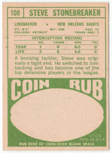 1968 Topps Football #108 Steve Stonebreaker Rookie Card