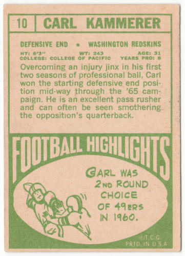 1968 Topps Football #10 Carl Kammerer Rookie Card