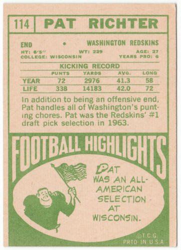 1968 Topps Football #114 Pat Richter