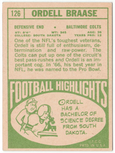 1968 Topps Football #126 Ordell Braase