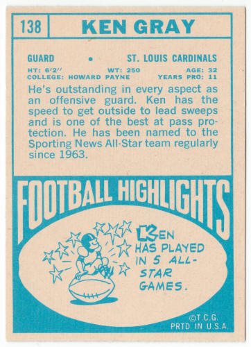 1968 Topps Football #138 Ken Gray