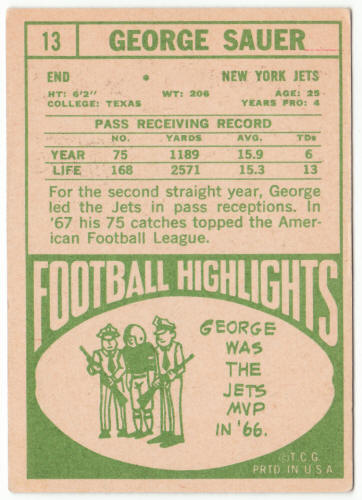 1968 Topps Football #13 George Sauer