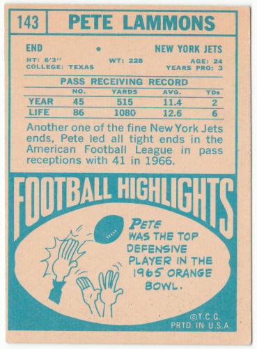 1968 Topps Football #143 Pete Lammons Rookie Card