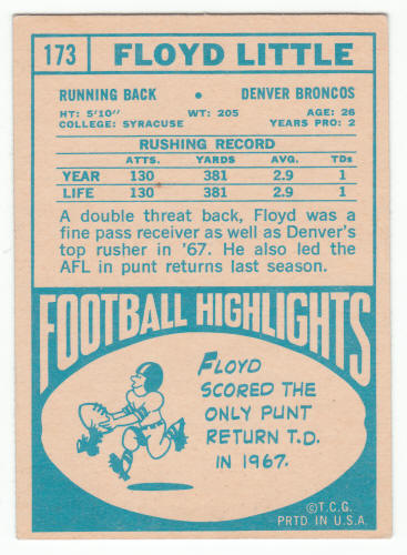 1968 Topps Floyd Little #173 Rookie Card back