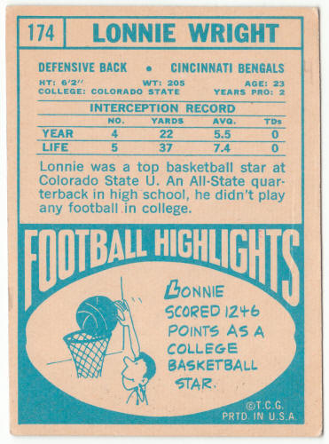 1968 Topps Football #174 Lonnie Wright Rookie Card