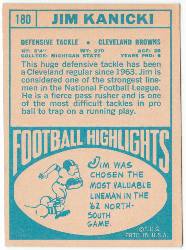 1968 Topps Football #180 Jim Kanicki Rookie Card