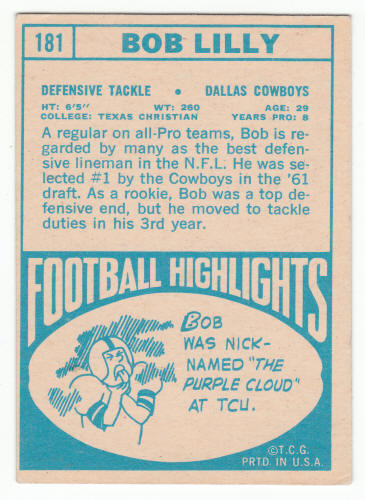 1968 Topps Bob Lilly #181 back