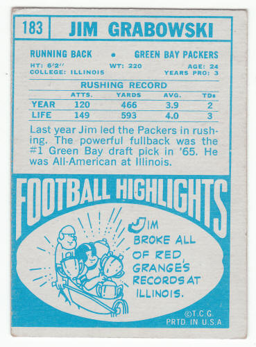1968 Topps 183 Jim Grabowski Rookie Card back