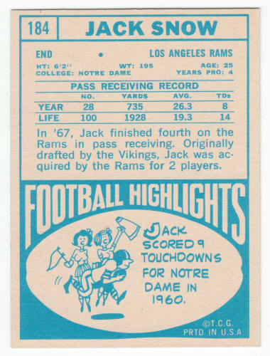 1968 Topps 184 Jack Snow Rookie Card back