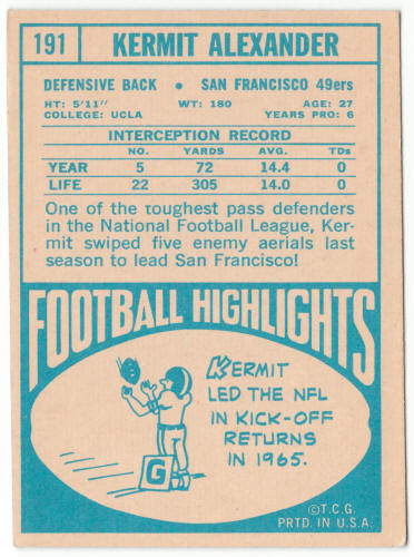 1968 Topps Football #191 Kermit Alexander