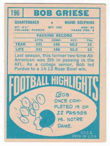 1968 Topps #196 Bob Griese Rookie Card back