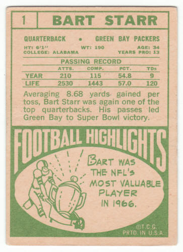 1968 Topps 1 Bart Starr Football Card back