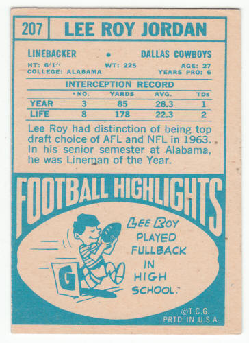 1968 Topps 207 Lee Roy Jordan Football Card back