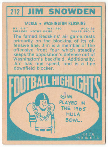 1968 Topps Football #212 Jim Snowden Rookie Card