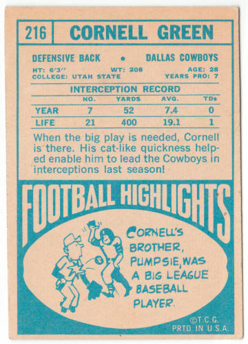 1968 Topps Football #216 Cornell Green