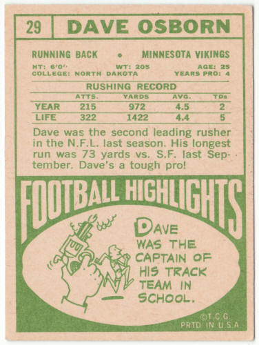 1968 Topps Football #29 Dave Osborn Rookie Card