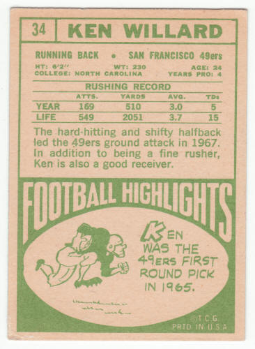 1968 Topps 34 Ken Willard Football Card back