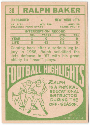 1968 Topps Football #38 Ralph Baker