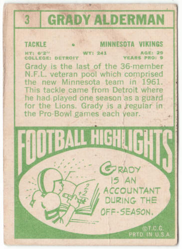 1968 Topps Football #3 Grady Alderman
