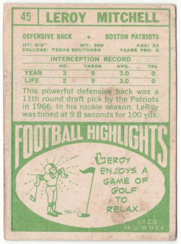 1968 Topps Football #45 Leroy Mitchell UER Rookie Card