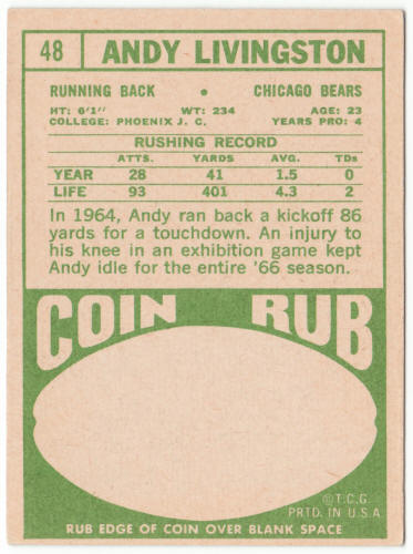 1968 Topps Football #48 Andy Livingston Rookie Card