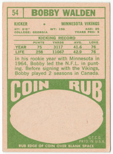 1968 Topps Football #54 Bobby Walden